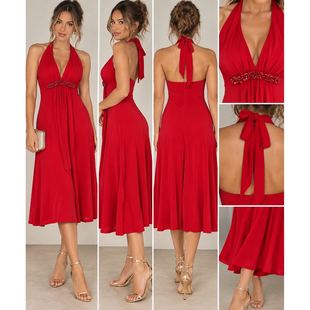 Vintage Y2K Jessica Howard Red Halter Beaded Midi Dress Size 10